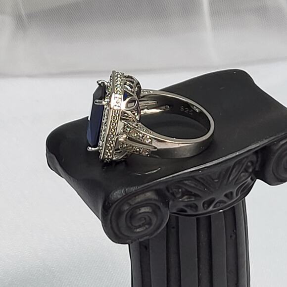 Blue Princess Cut Cabochon w Diamond chip accent 925 Sterling Silver Ring Sz 8.5 - Picture 3 of 8